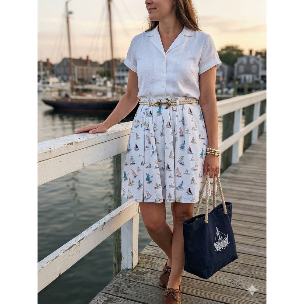VTG KIPSA 80s Sailboat Midi Skirt Pockets High Waisted Cotton Nautical Preppy Sm